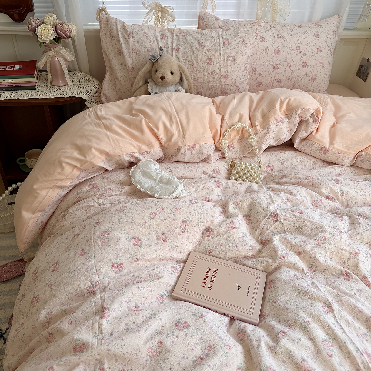 原素 2026新春ins博主风双拼小碎花花卉水洗棉纱四件套 暗恋