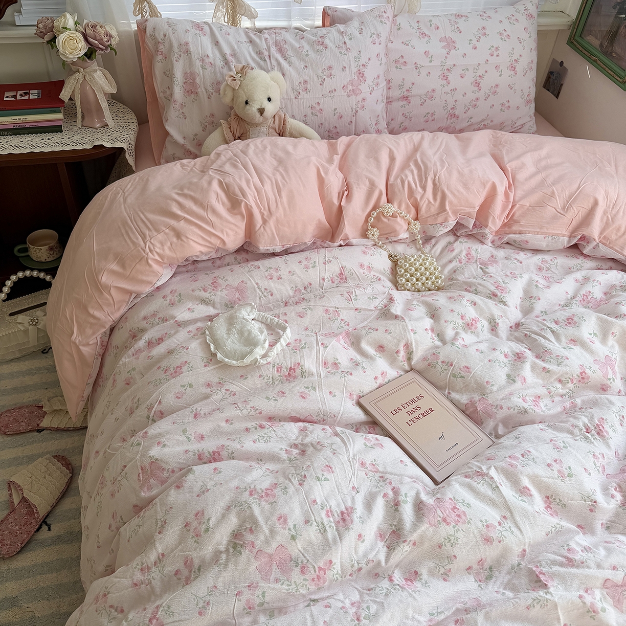 91家纺网 家纺一手货源 找家纺 原素 2026新春ins博主风双拼小碎花花卉水洗棉纱四件套 粉嫩蝴蝶结