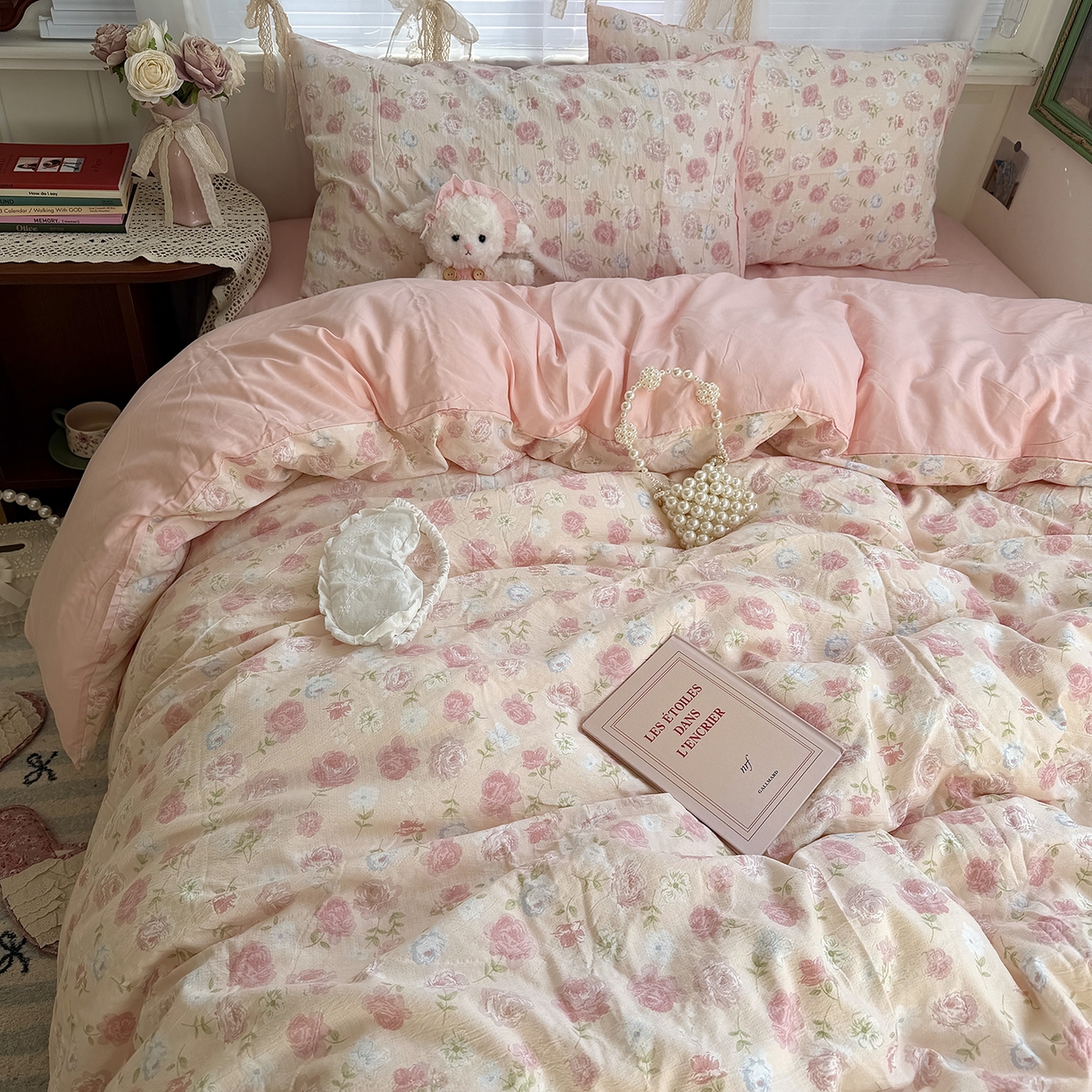 原素 2026新春ins博主风双拼小碎花花卉水洗棉纱四件套 粉妍