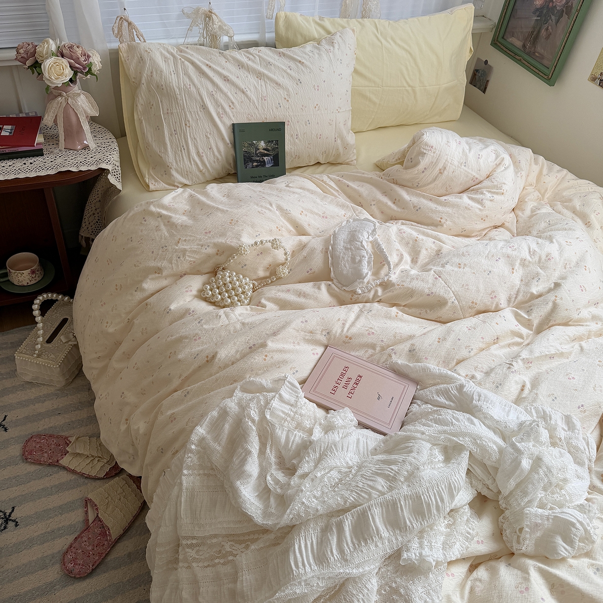 91家纺网 家纺一手货源 找家纺 原素 2026新春ins博主风双拼小碎花花卉水洗棉纱四件套 彩色樱桃