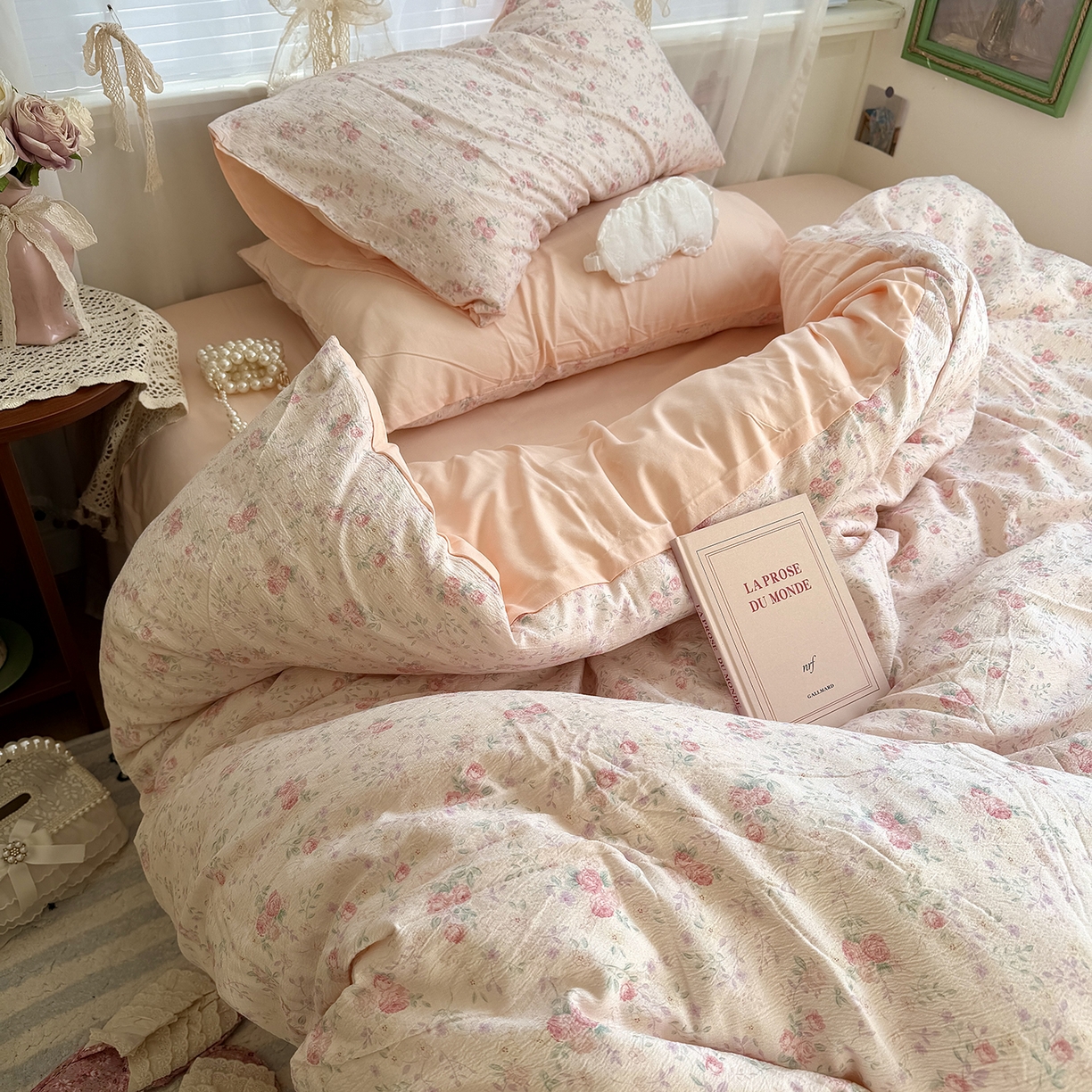 91家纺网 家纺一手货源 找家纺 原素 2026新春ins博主风双拼小碎花花卉水洗棉纱四件套 暗恋