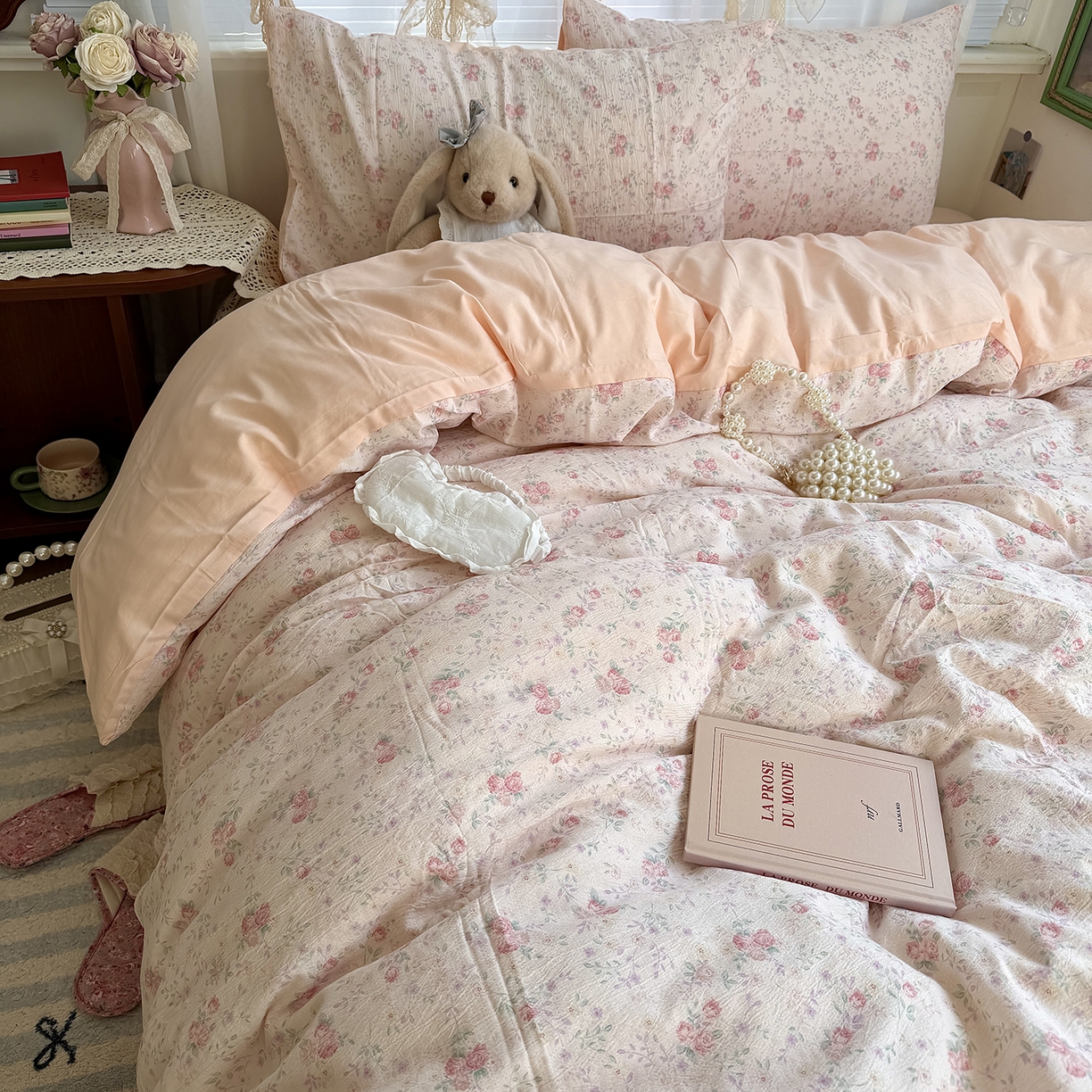 91家纺网 家纺一手货源 找家纺 原素 2026新春ins博主风双拼小碎花花卉水洗棉纱四件套 暗恋