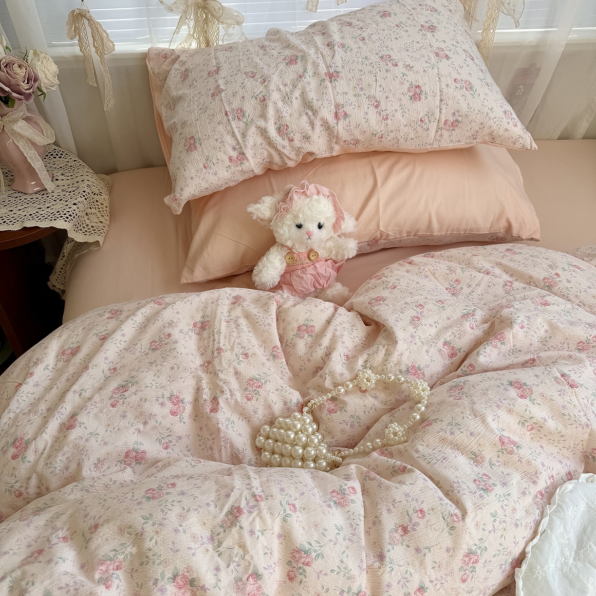 91家纺网 家纺一手货源 找家纺 原素 2026新春ins博主风双拼小碎花花卉水洗棉纱四件套 暗恋