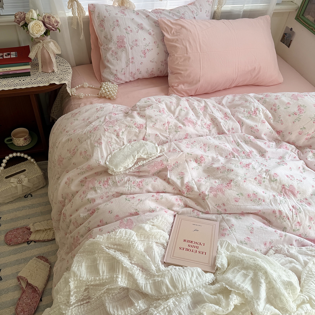 91家纺网 家纺一手货源 找家纺 原素 2026新春ins博主风双拼小碎花花卉水洗棉纱四件套 粉嫩蝴蝶结