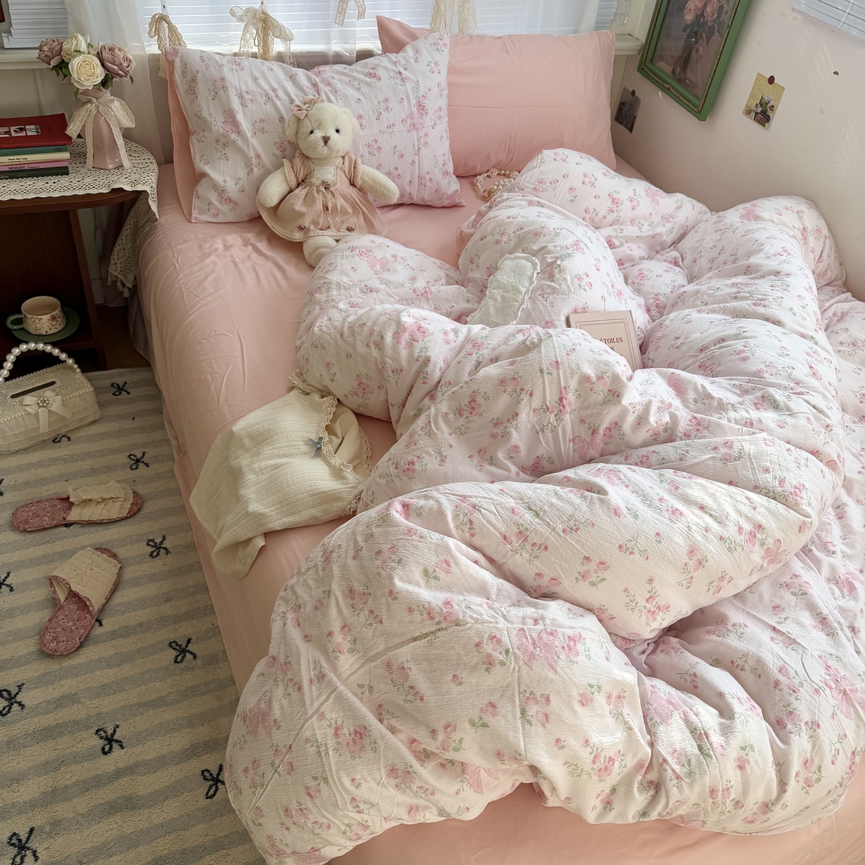 91家纺网 家纺一手货源 找家纺 原素 2026新春ins博主风双拼小碎花花卉水洗棉纱四件套 粉嫩蝴蝶结