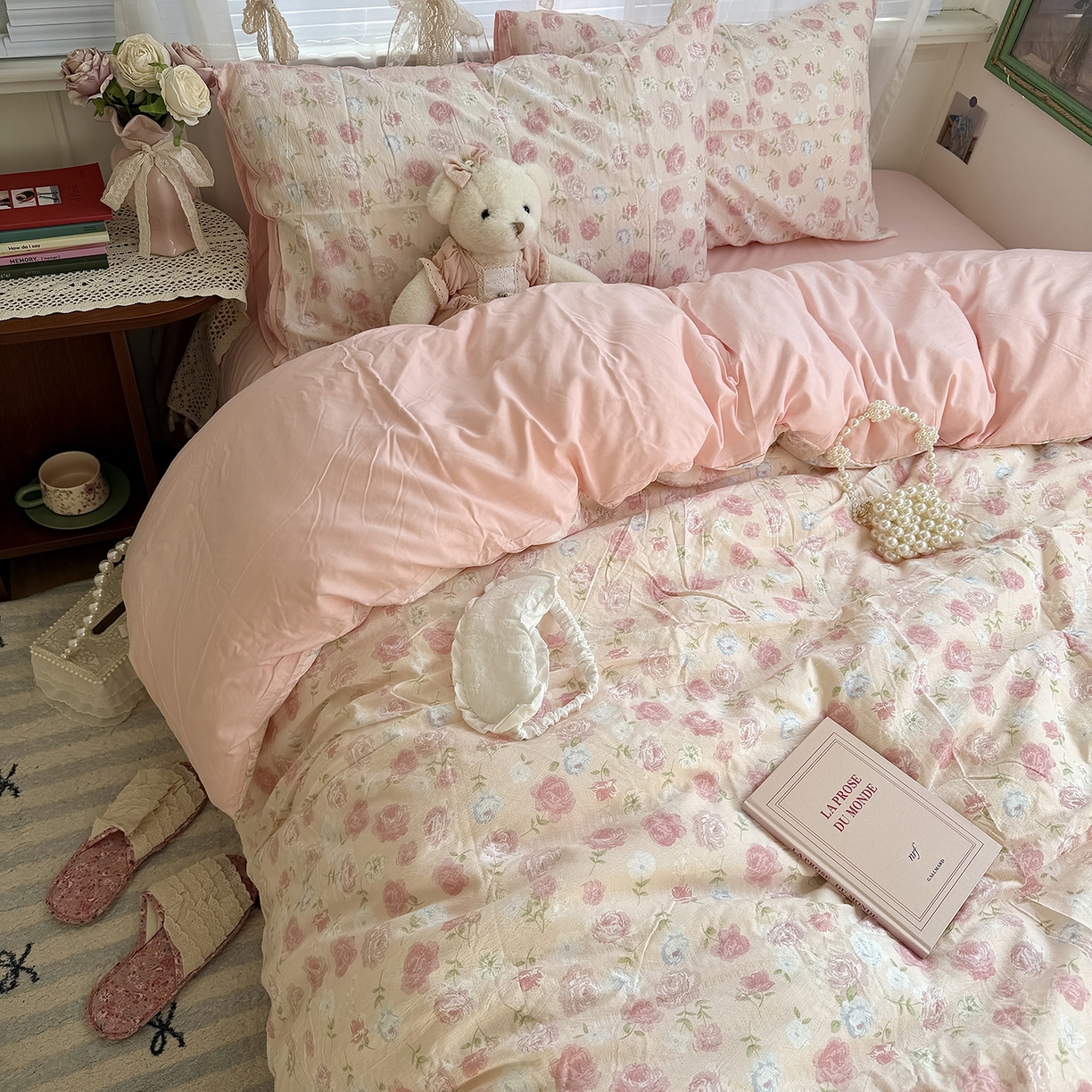 91家纺网 家纺一手货源 找家纺 原素 2026新春ins博主风双拼小碎花花卉水洗棉纱四件套 粉妍