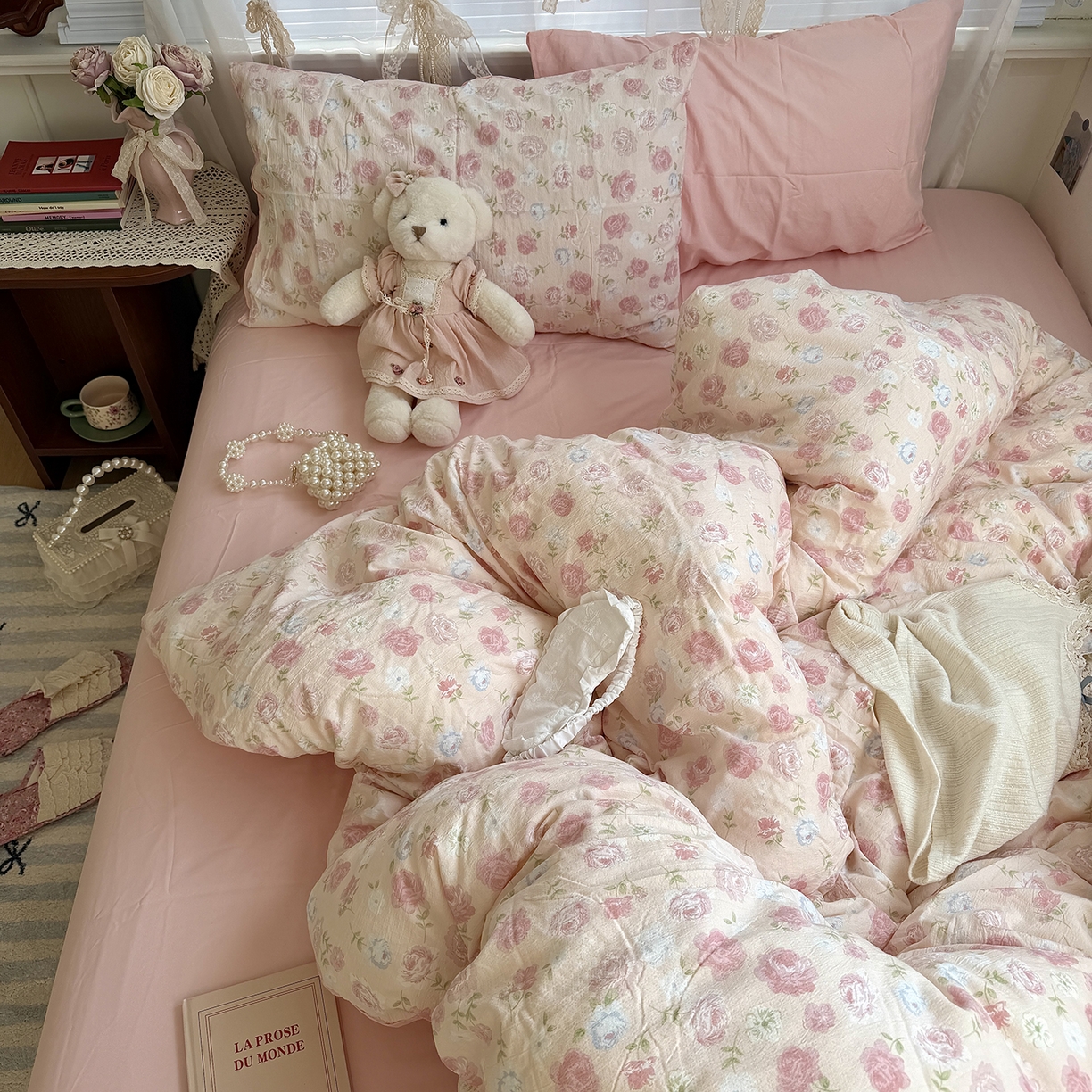 91家纺网 家纺一手货源 找家纺 原素 2026新春ins博主风双拼小碎花花卉水洗棉纱四件套 粉妍