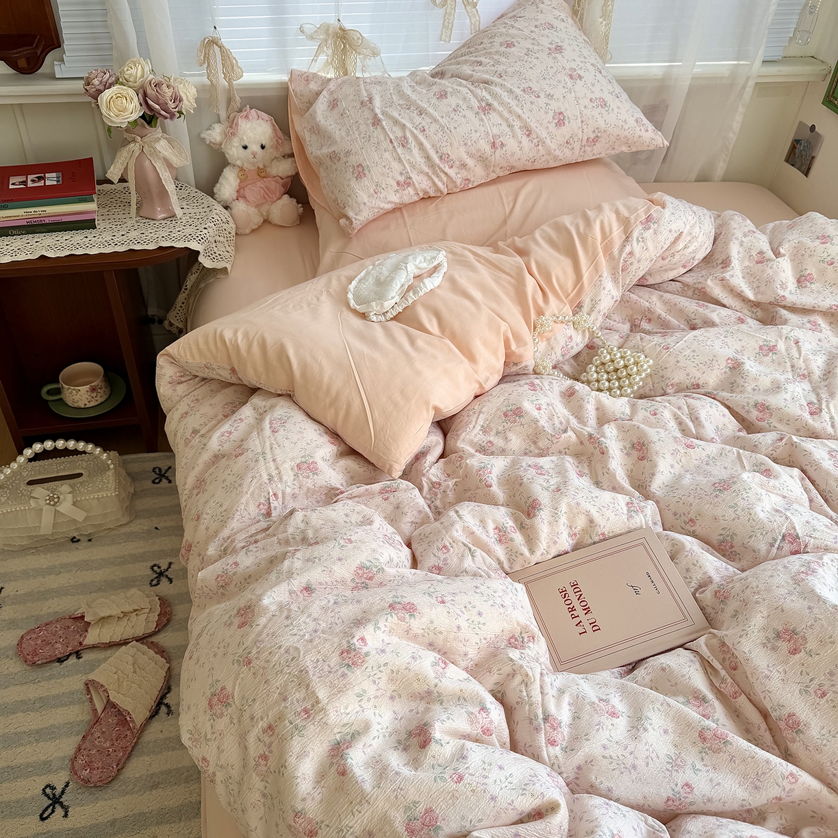 91家纺网 家纺一手货源 找家纺 原素 2026新春ins博主风双拼小碎花花卉水洗棉纱四件套 暗恋