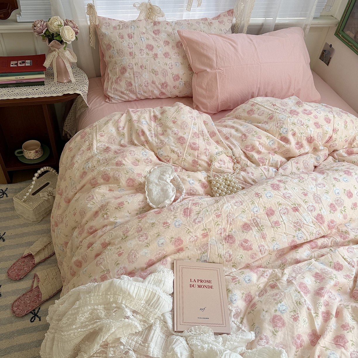 91家纺网 家纺一手货源 找家纺 原素 2026新春ins博主风双拼小碎花花卉水洗棉纱四件套 粉妍