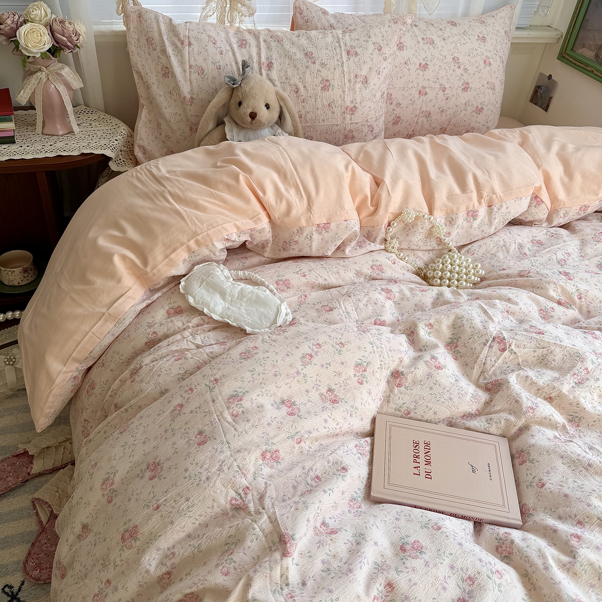 91家纺网 家纺一手货源 找家纺 原素 2026新春ins博主风双拼小碎花花卉水洗棉纱四件套 暗恋