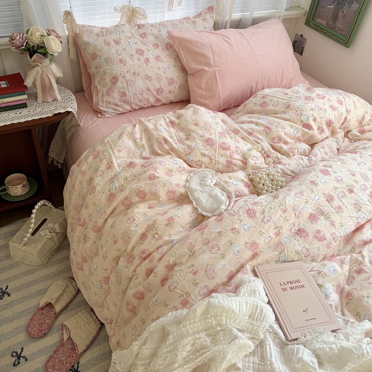 91家纺网 家纺一手货源 找家纺 原素 2026新春ins博主风双拼小碎花花卉水洗棉纱四件套 粉妍