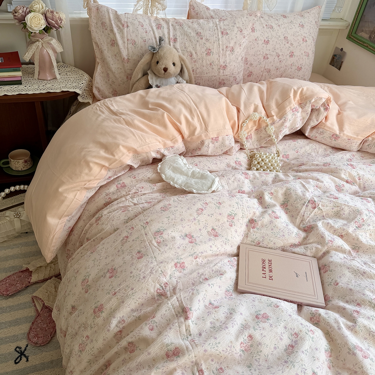 91家纺网 家纺一手货源 找家纺 原素 2026新春ins博主风双拼小碎花花卉水洗棉纱四件套 暗恋