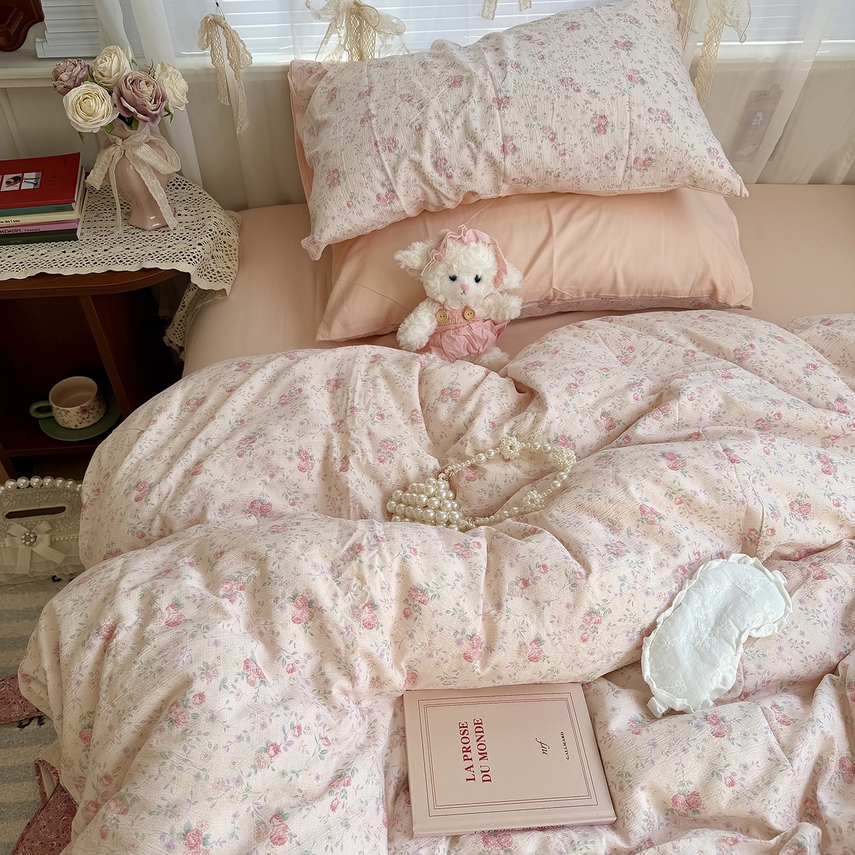 91家纺网 家纺一手货源 找家纺 原素 2026新春ins博主风双拼小碎花花卉水洗棉纱四件套 暗恋