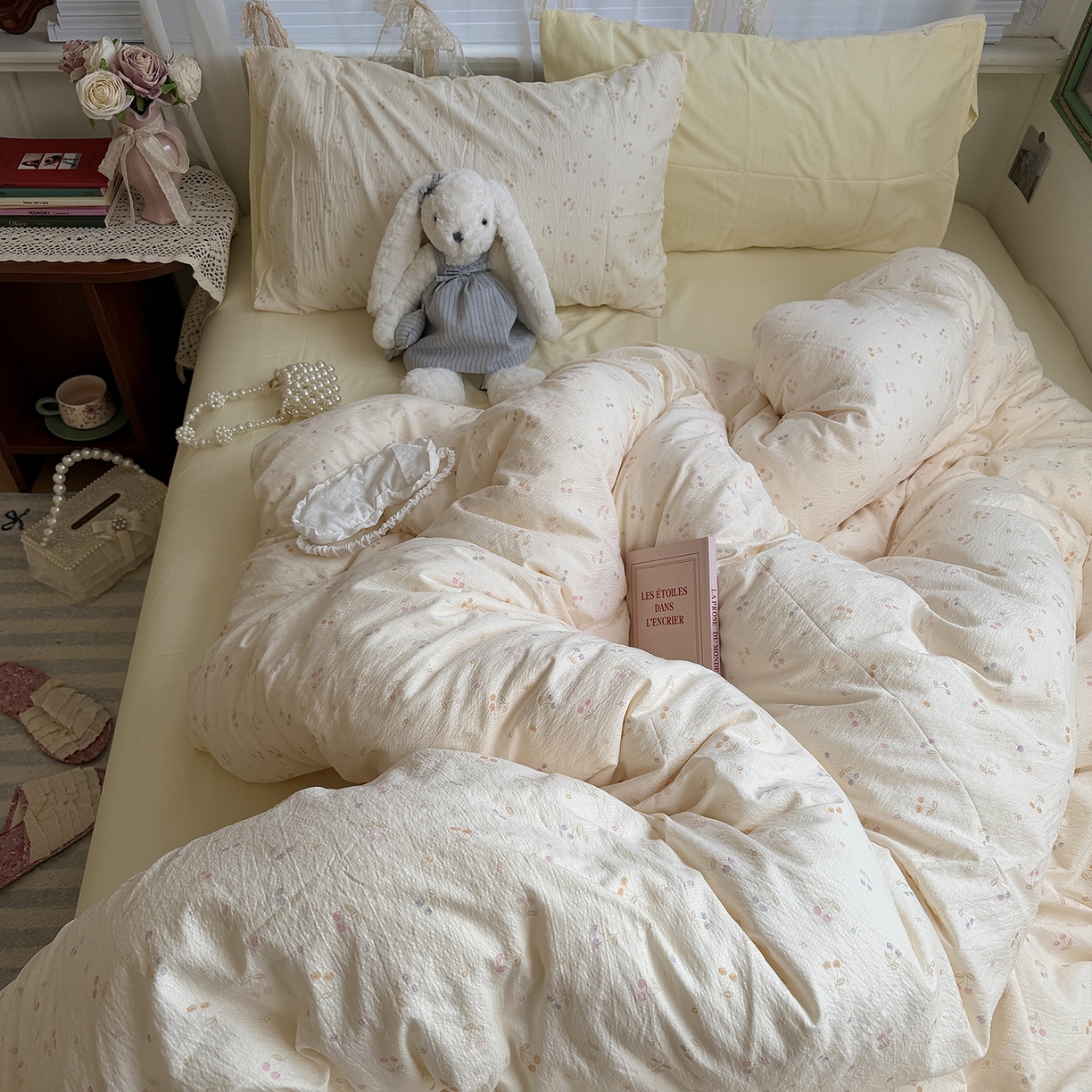 91家纺网 家纺一手货源 找家纺 原素 2026新春ins博主风双拼小碎花花卉水洗棉纱四件套 彩色樱桃