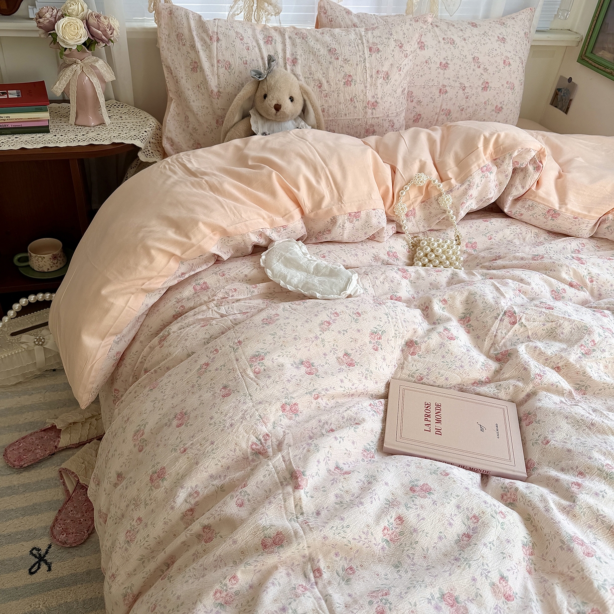 91家纺网 家纺一手货源 找家纺 原素 2026新春ins博主风双拼小碎花花卉水洗棉纱四件套 暗恋