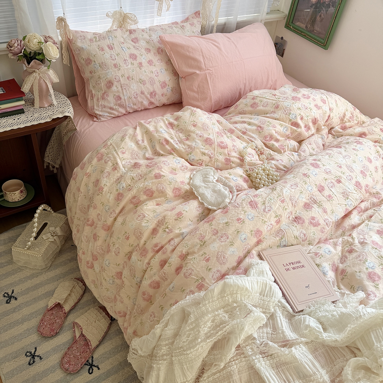 91家纺网 家纺一手货源 找家纺 原素 2026新春ins博主风双拼小碎花花卉水洗棉纱四件套 粉妍