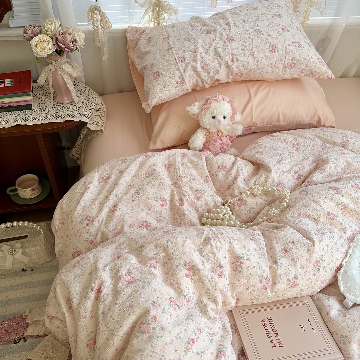 91家纺网 家纺一手货源 找家纺 原素 2026新春ins博主风双拼小碎花花卉水洗棉纱四件套 暗恋