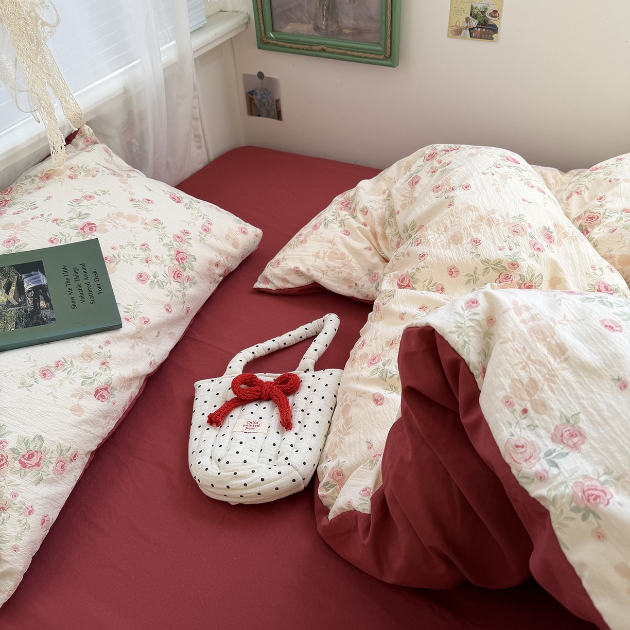 91家纺网 家纺一手货源 找家纺 原素 2026新春ins博主风双拼小碎花花卉水洗棉纱四件套 复古玫瑰