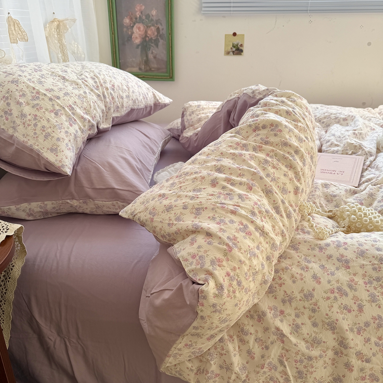 91家纺网 家纺一手货源 找家纺 原素 2026新春ins博主风双拼小碎花花卉水洗棉纱四件套 花团紫