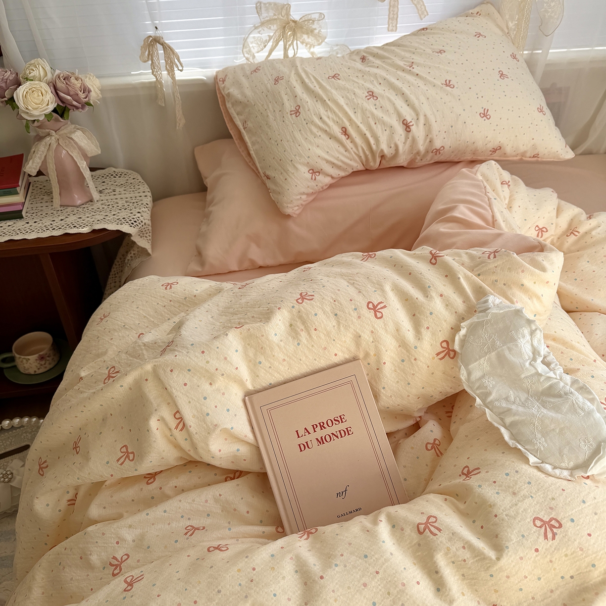 91家纺网 家纺一手货源 找家纺 原素 2026新春ins博主风双拼小碎花花卉水洗棉纱四件套 少女蝴蝶结