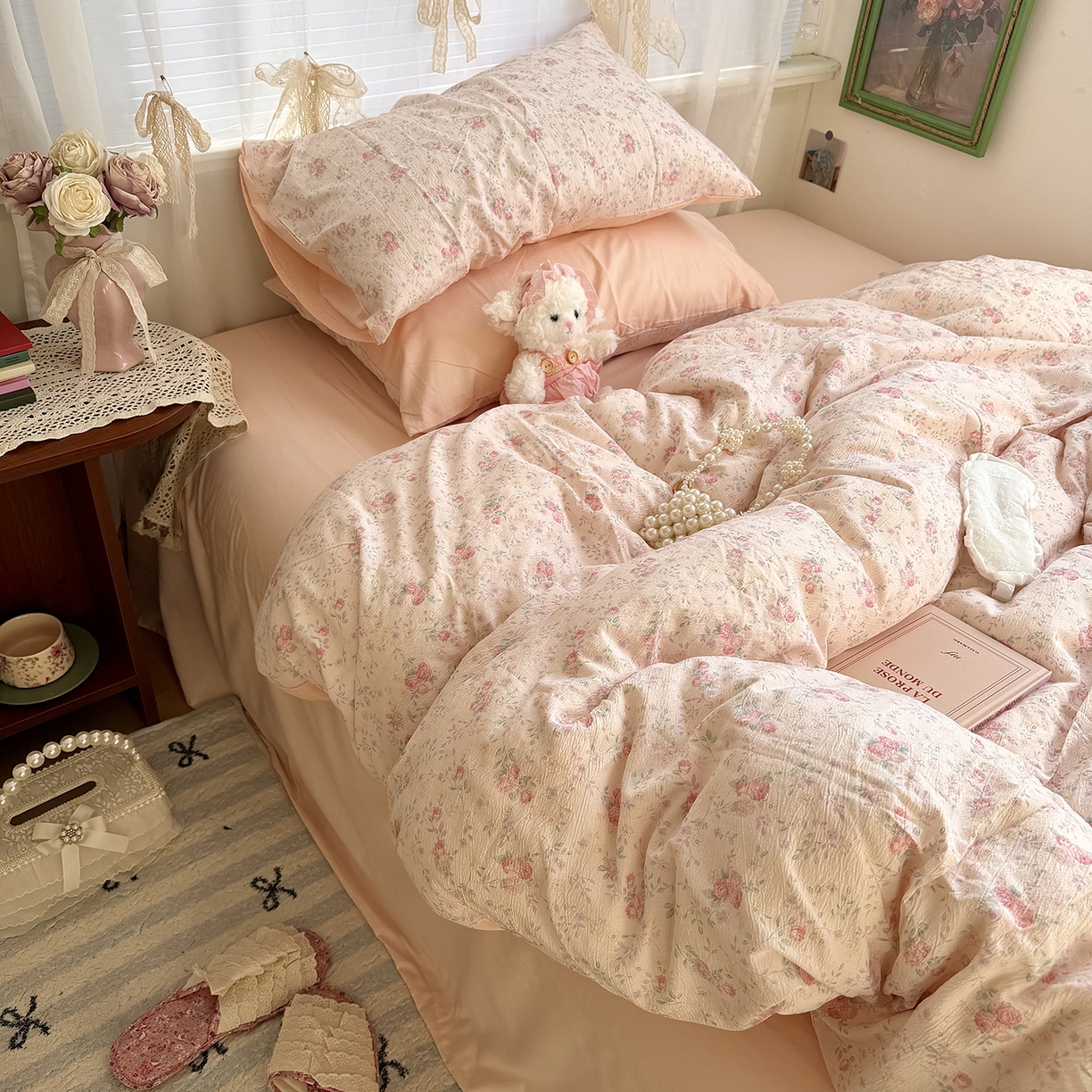 91家纺网 家纺一手货源 找家纺 原素 2026新春ins博主风双拼小碎花花卉水洗棉纱四件套 暗恋