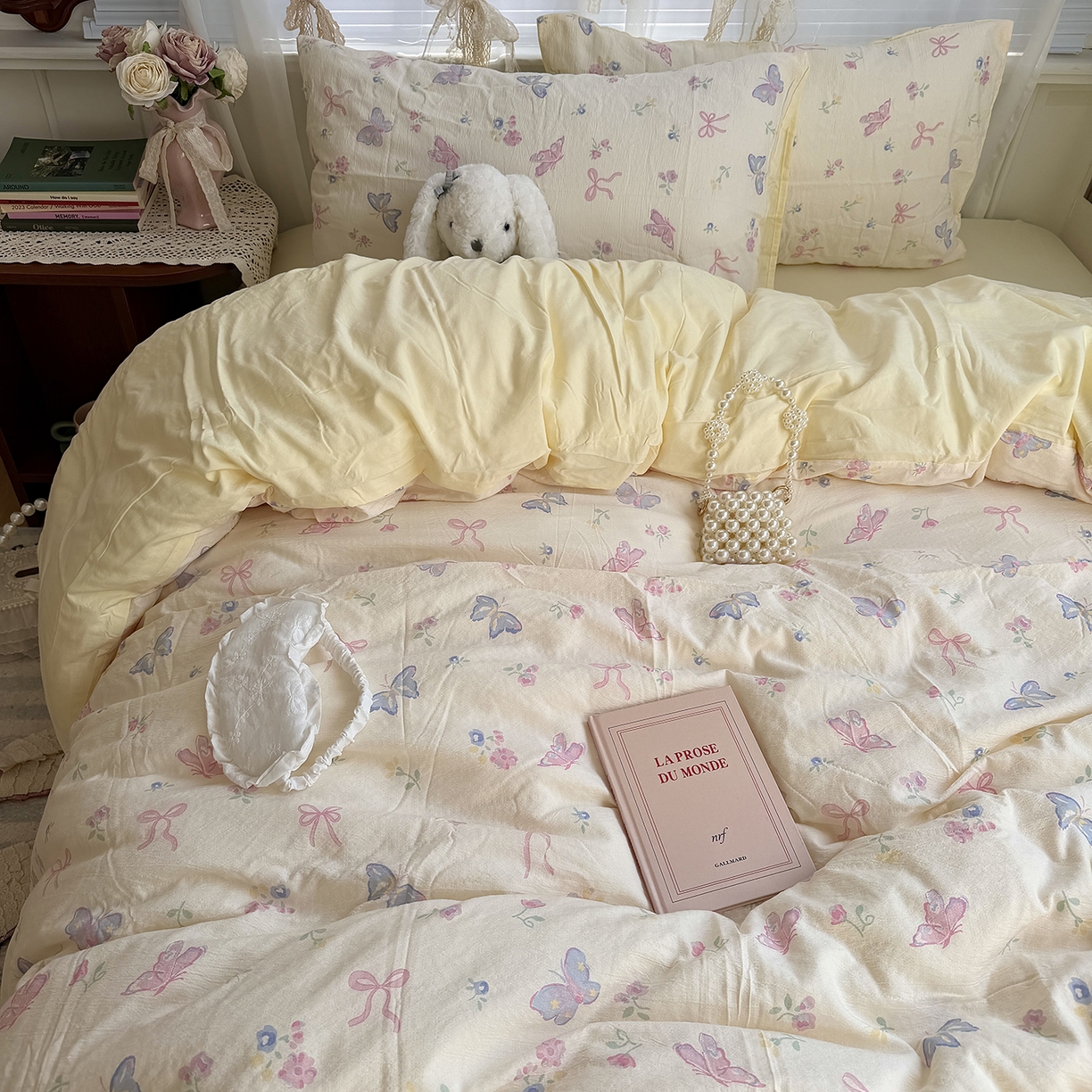 原素 2026新春ins博主风双拼小碎花花卉水洗棉纱四件套 琉璃蝴蝶