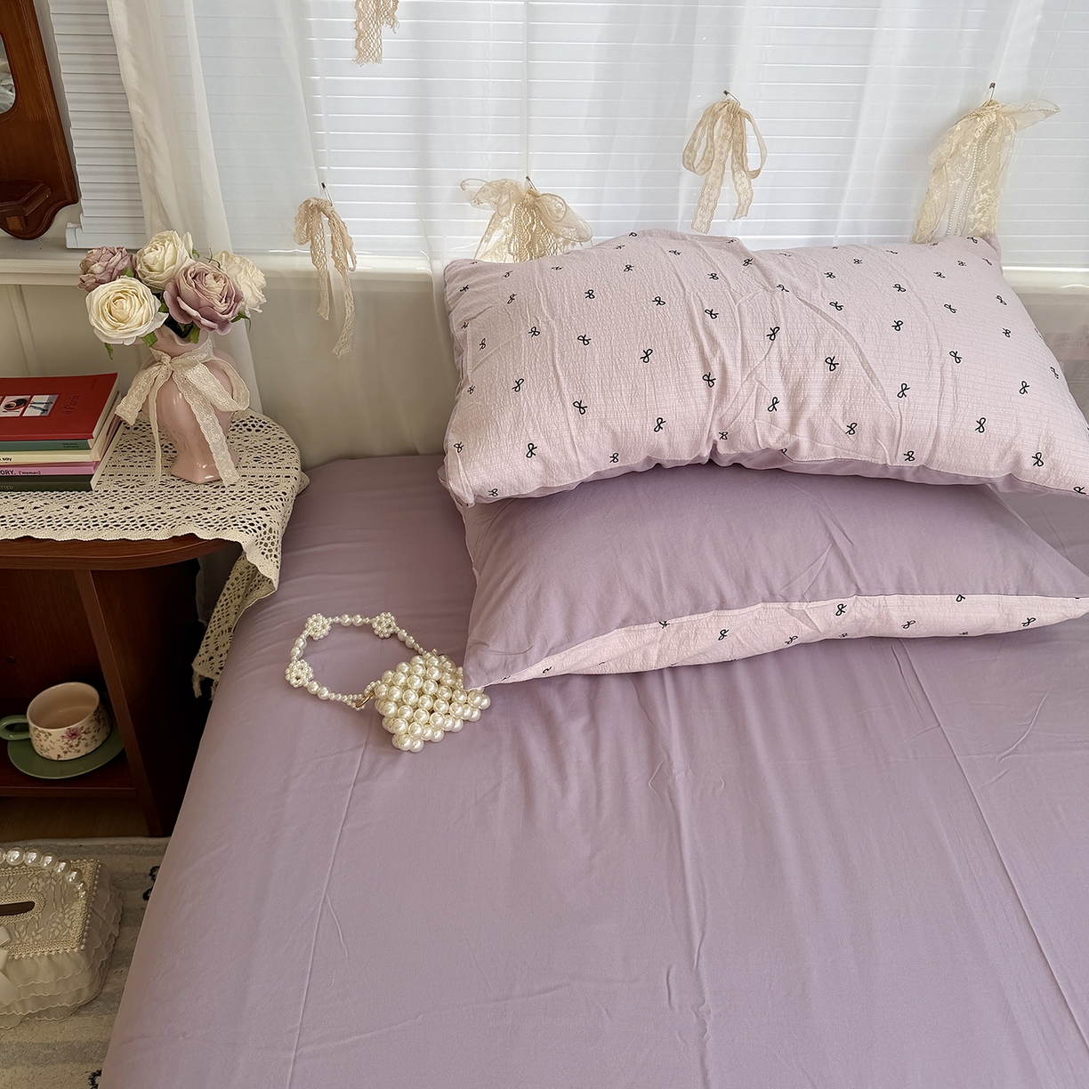 91家纺网 家纺一手货源 找家纺 原素 2026新春ins博主风双拼小碎花花卉水洗棉纱四件套 芋泥蝴蝶结