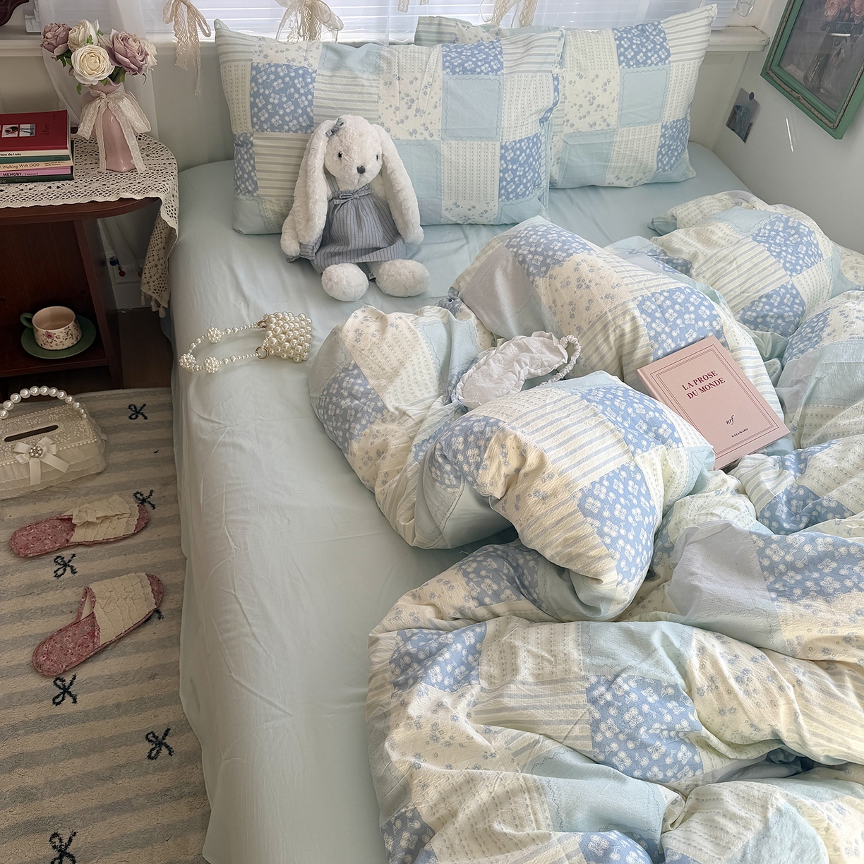 91家纺网 家纺一手货源 找家纺 原素 2026新春ins博主风双拼小碎花花卉水洗棉纱四件套 碎花蓝格