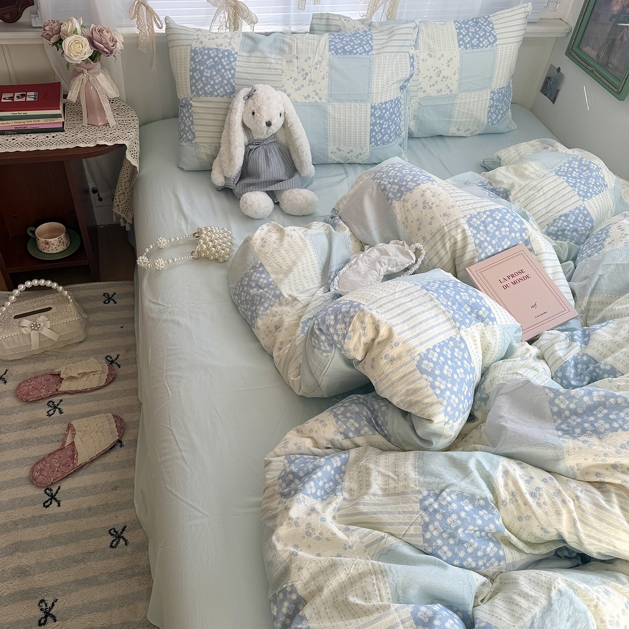 91家纺网 家纺一手货源 找家纺 原素 2026新春ins博主风双拼小碎花花卉水洗棉纱四件套 碎花蓝格