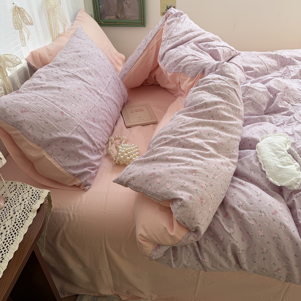 91家纺网 家纺一手货源 找家纺 原素 2026新春ins博主风双拼小碎花花卉水洗棉纱四件套 紫妍