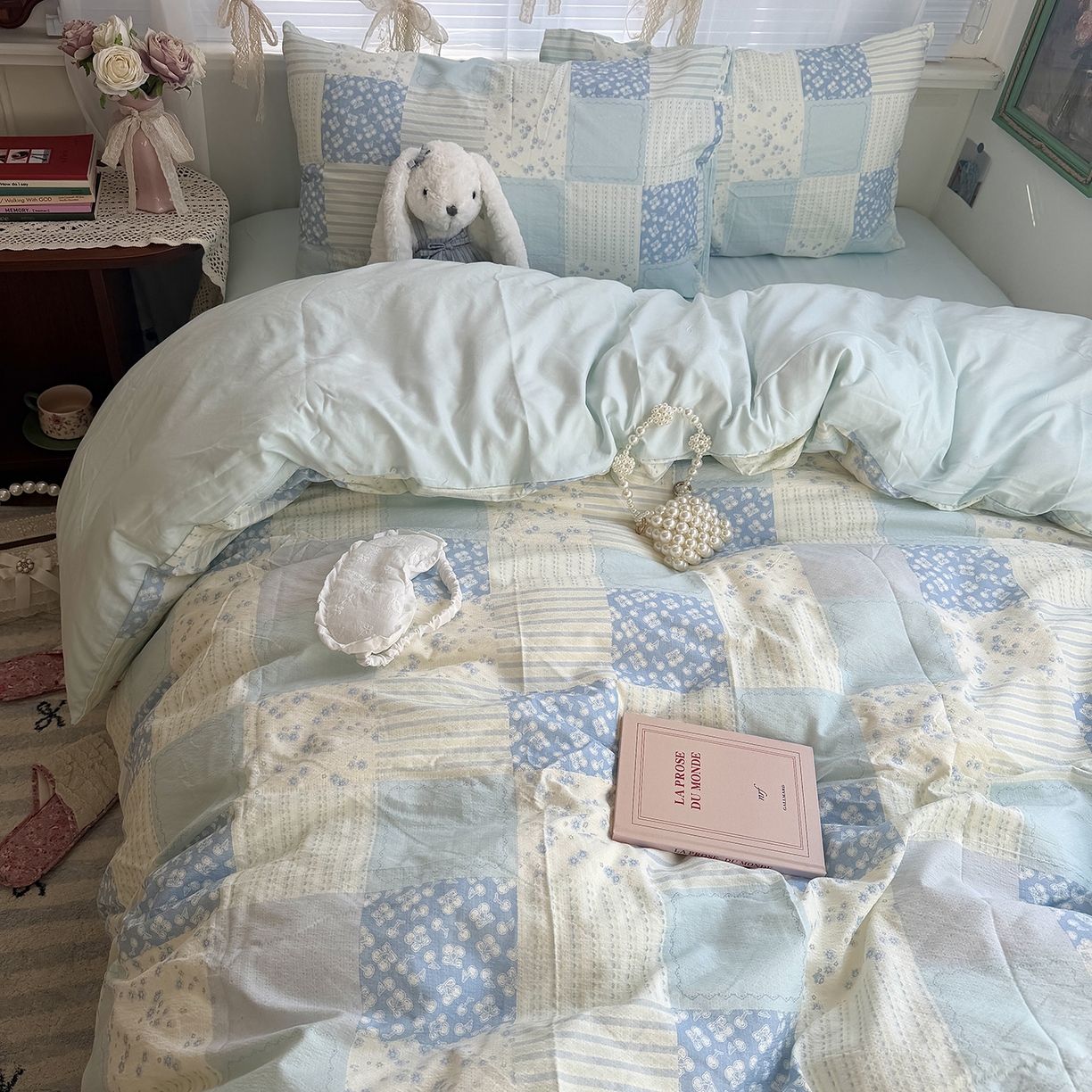 91家纺网 家纺一手货源 找家纺 原素 2026新春ins博主风双拼小碎花花卉水洗棉纱四件套 碎花蓝格