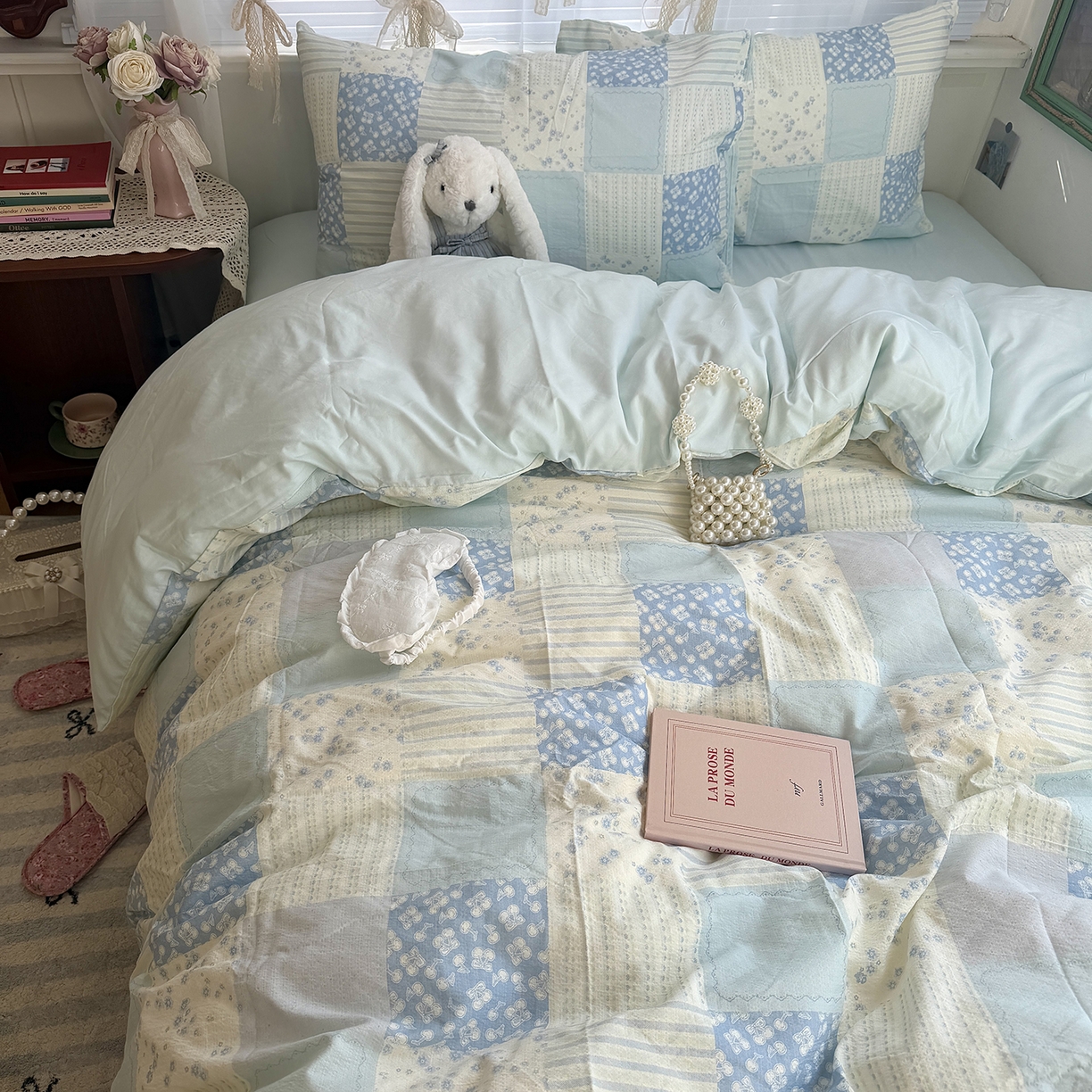 原素 2026新春ins博主风双拼小碎花花卉水洗棉纱四件套 碎花蓝格