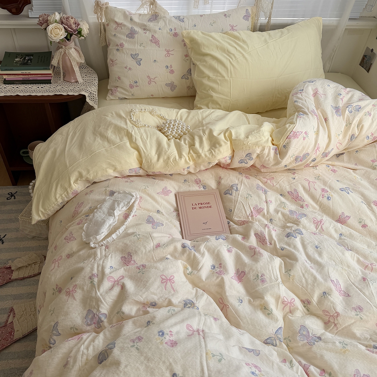 91家纺网 家纺一手货源 找家纺 原素 2026新春ins博主风双拼小碎花花卉水洗棉纱四件套 琉璃蝴蝶