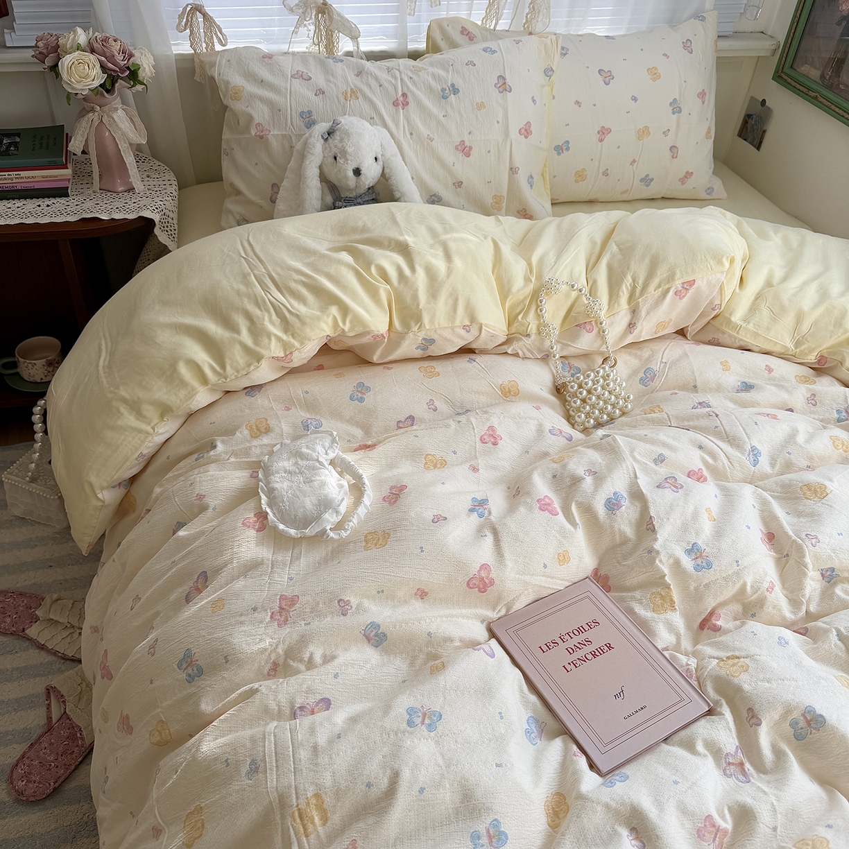 91家纺网 家纺一手货源 找家纺 原素 2026新春ins博主风双拼小碎花花卉水洗棉纱四件套 七彩蝴蝶