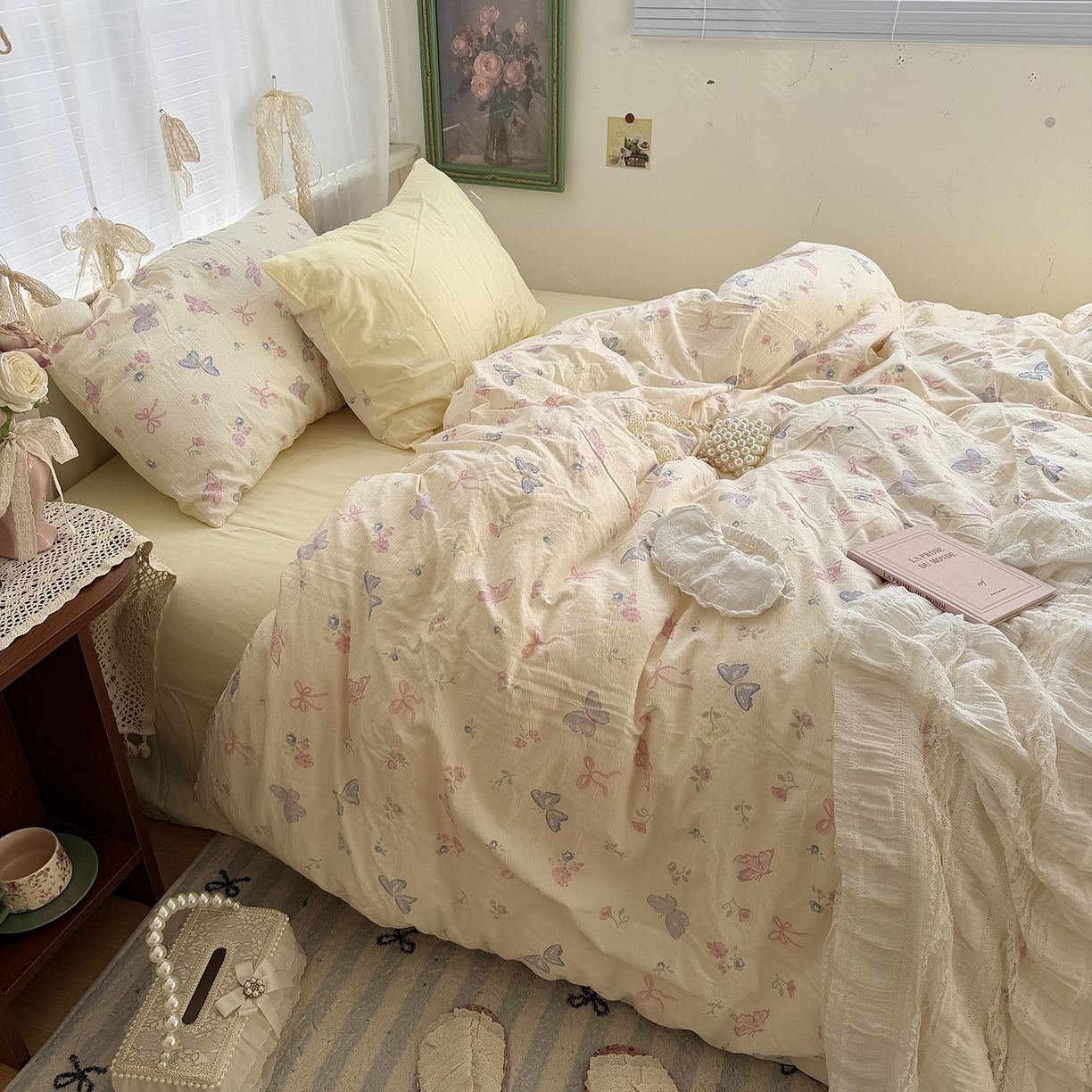 91家纺网 家纺一手货源 找家纺 原素 2026新春ins博主风双拼小碎花花卉水洗棉纱四件套 琉璃蝴蝶