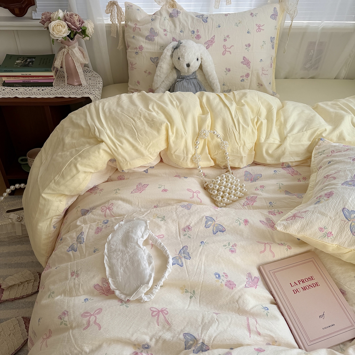 91家纺网 家纺一手货源 找家纺 原素 2026新春ins博主风双拼小碎花花卉水洗棉纱四件套 琉璃蝴蝶