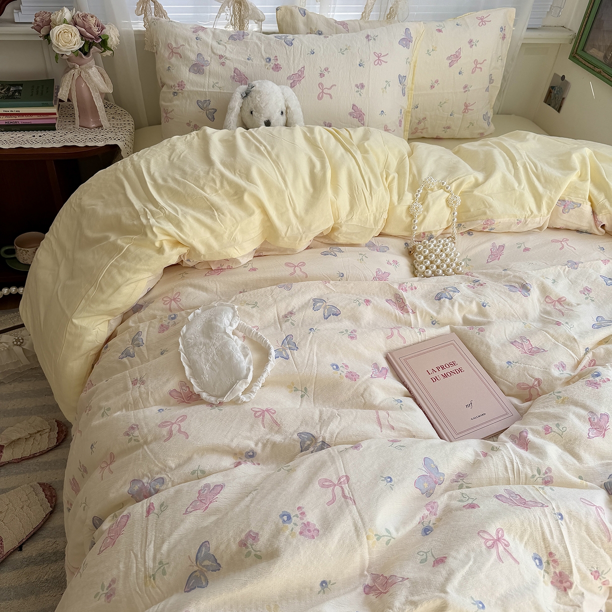 91家纺网 家纺一手货源 找家纺 原素 2026新春ins博主风双拼小碎花花卉水洗棉纱四件套 琉璃蝴蝶