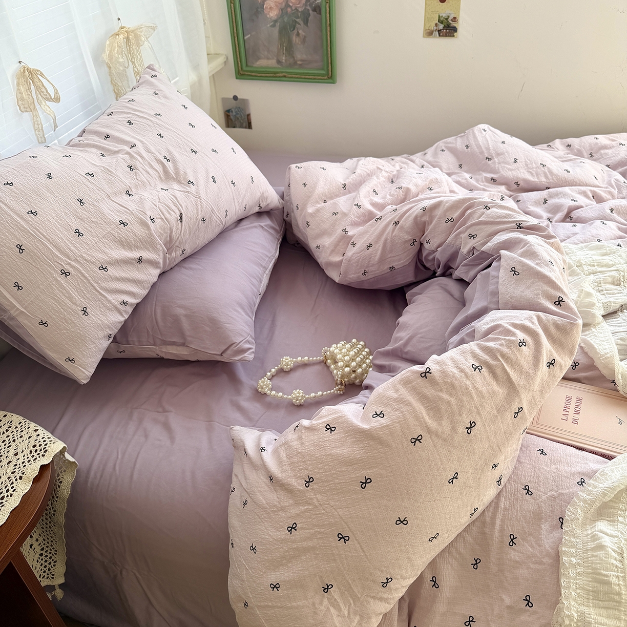 91家纺网 家纺一手货源 找家纺 原素 2026新春ins博主风双拼小碎花花卉水洗棉纱四件套 芋泥蝴蝶结