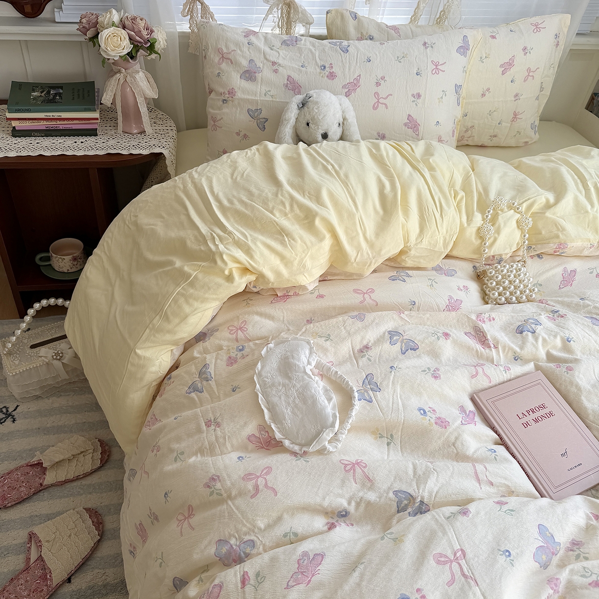 91家纺网 家纺一手货源 找家纺 原素 2026新春ins博主风双拼小碎花花卉水洗棉纱四件套 琉璃蝴蝶