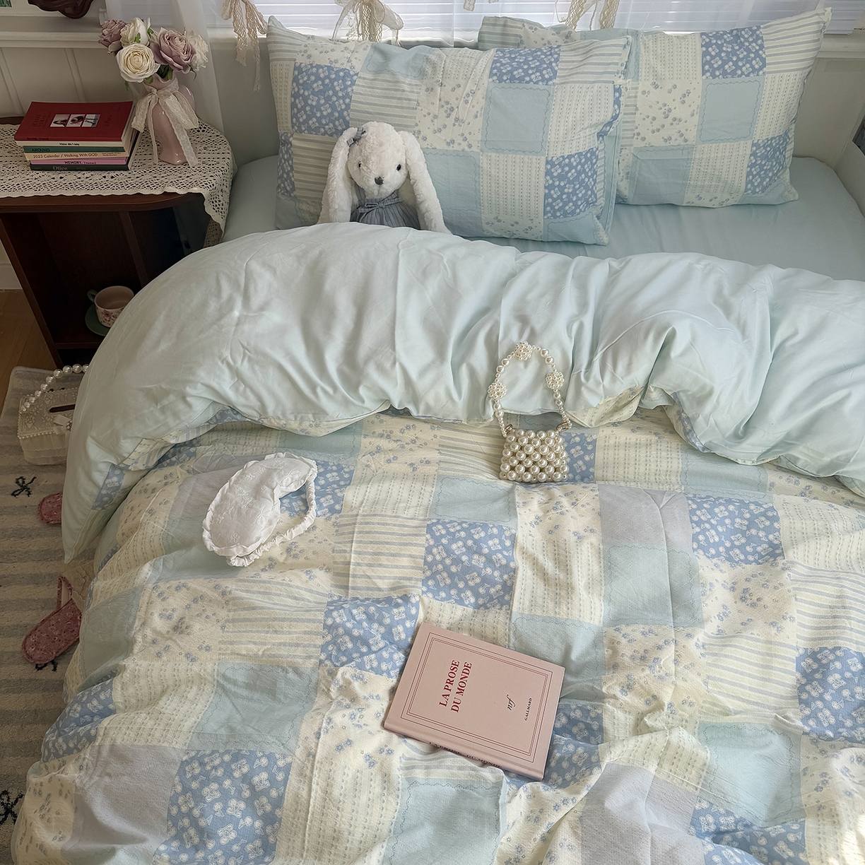 91家纺网 家纺一手货源 找家纺 原素 2026新春ins博主风双拼小碎花花卉水洗棉纱四件套 碎花蓝格