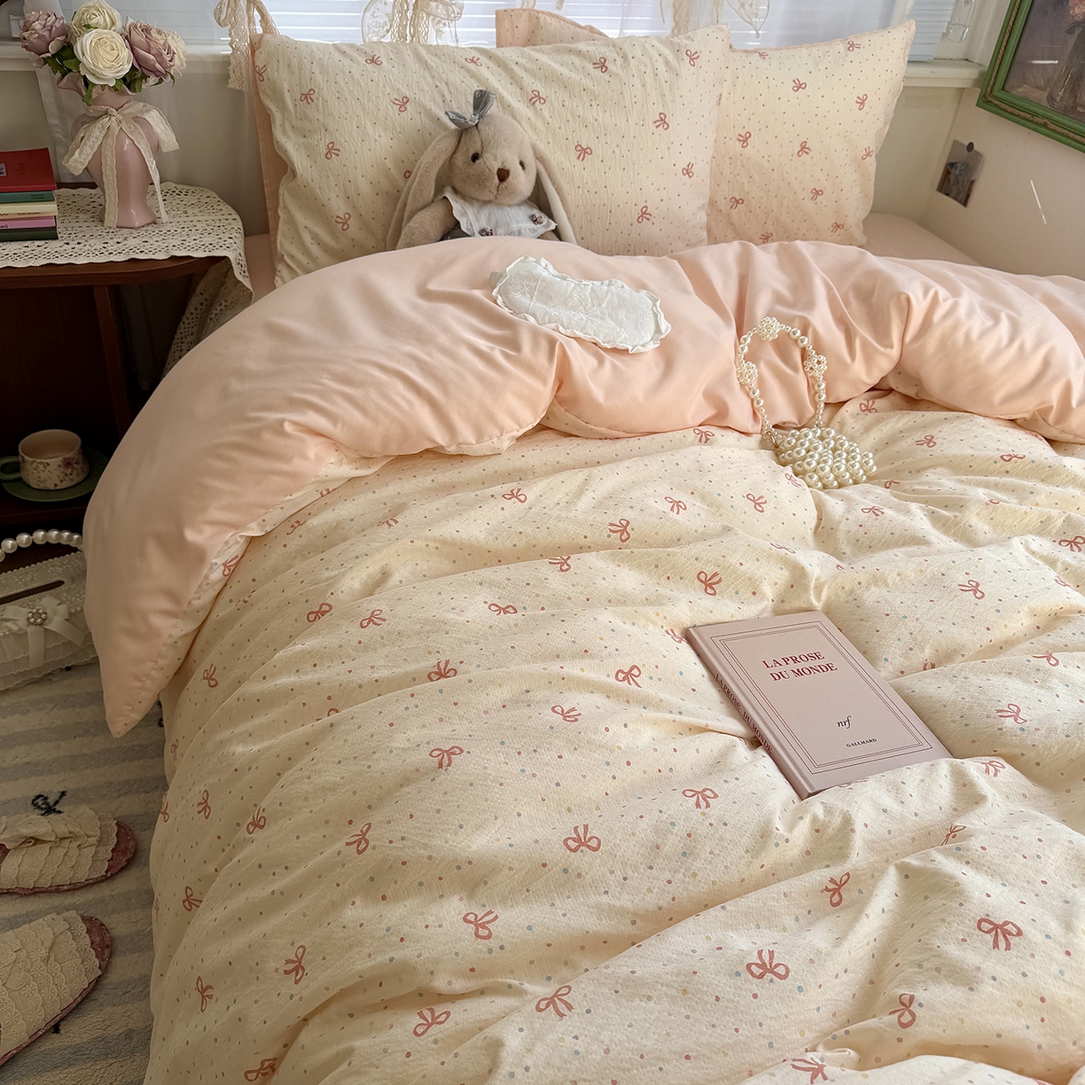 91家纺网 家纺一手货源 找家纺 原素 2026新春ins博主风双拼小碎花花卉水洗棉纱四件套 少女蝴蝶结