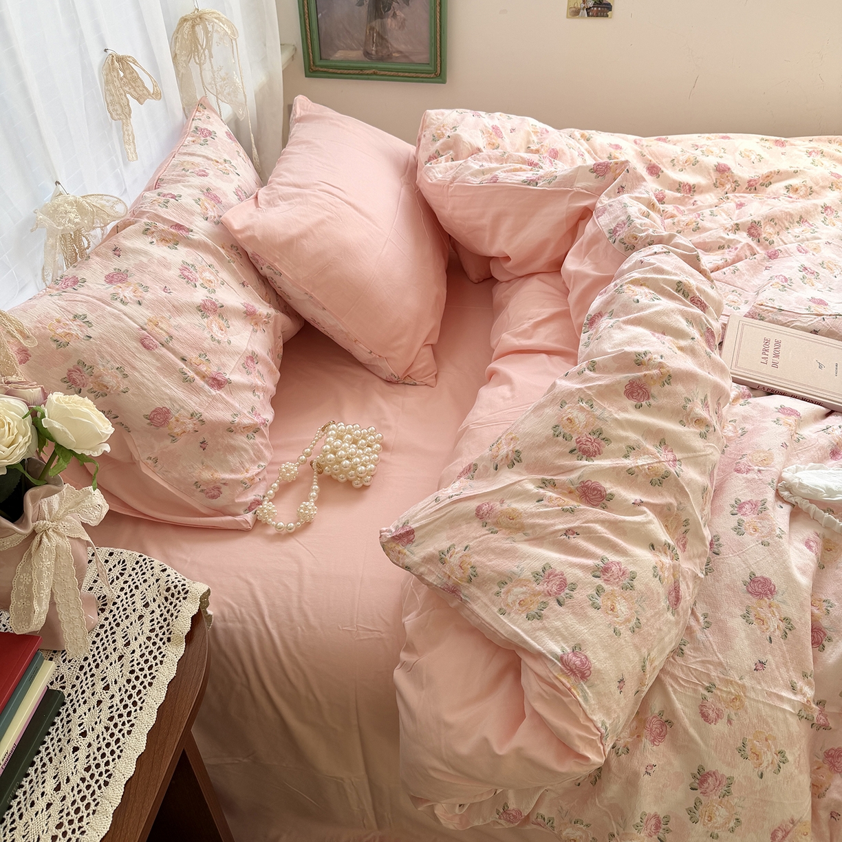 91家纺网 家纺一手货源 找家纺 原素 2026新春ins博主风双拼小碎花花卉水洗棉纱四件套 粉玫瑰