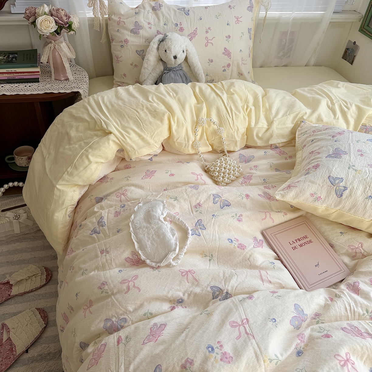 91家纺网 家纺一手货源 找家纺 原素 2026新春ins博主风双拼小碎花花卉水洗棉纱四件套 琉璃蝴蝶