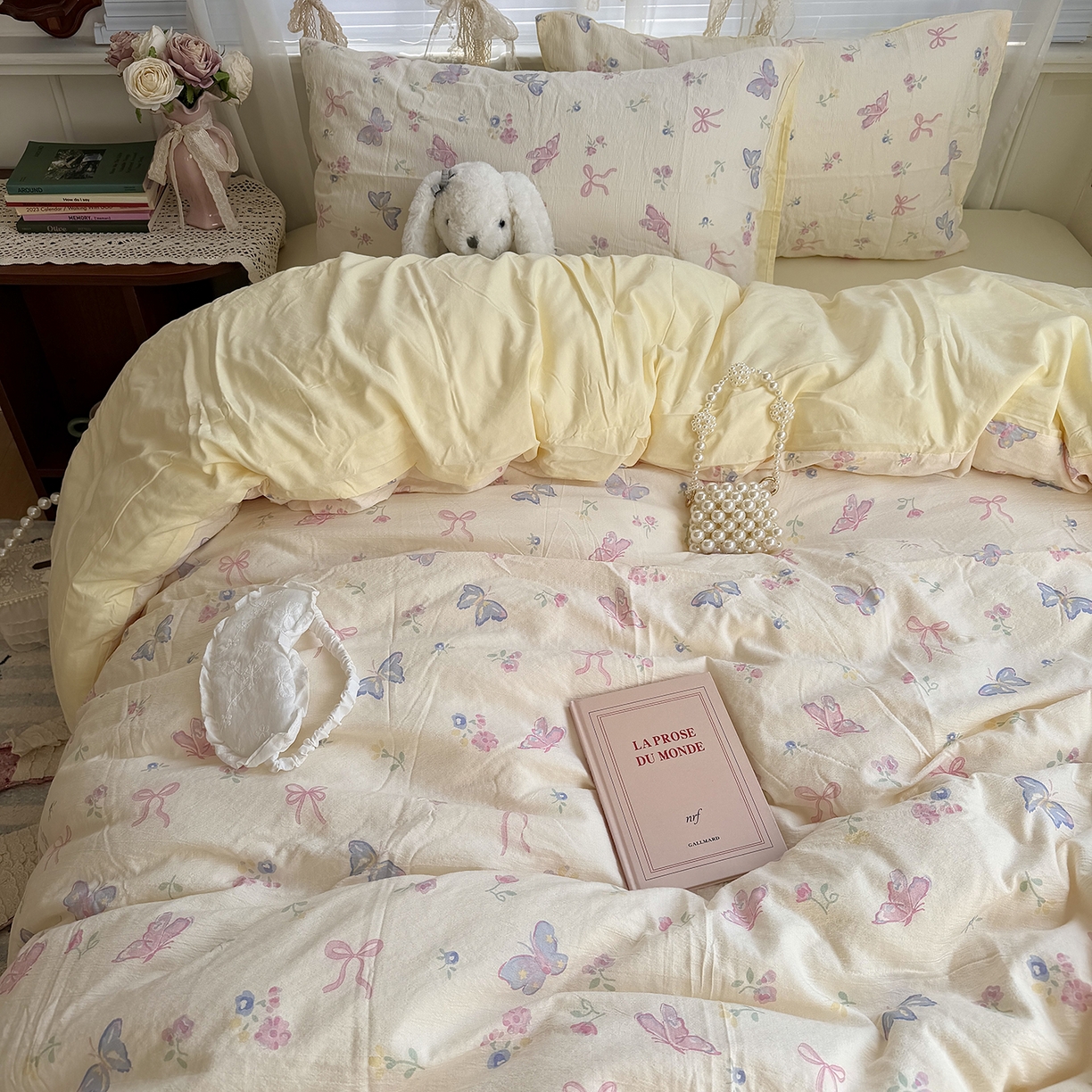 91家纺网 家纺一手货源 找家纺 原素 2026新春ins博主风双拼小碎花花卉水洗棉纱四件套 琉璃蝴蝶