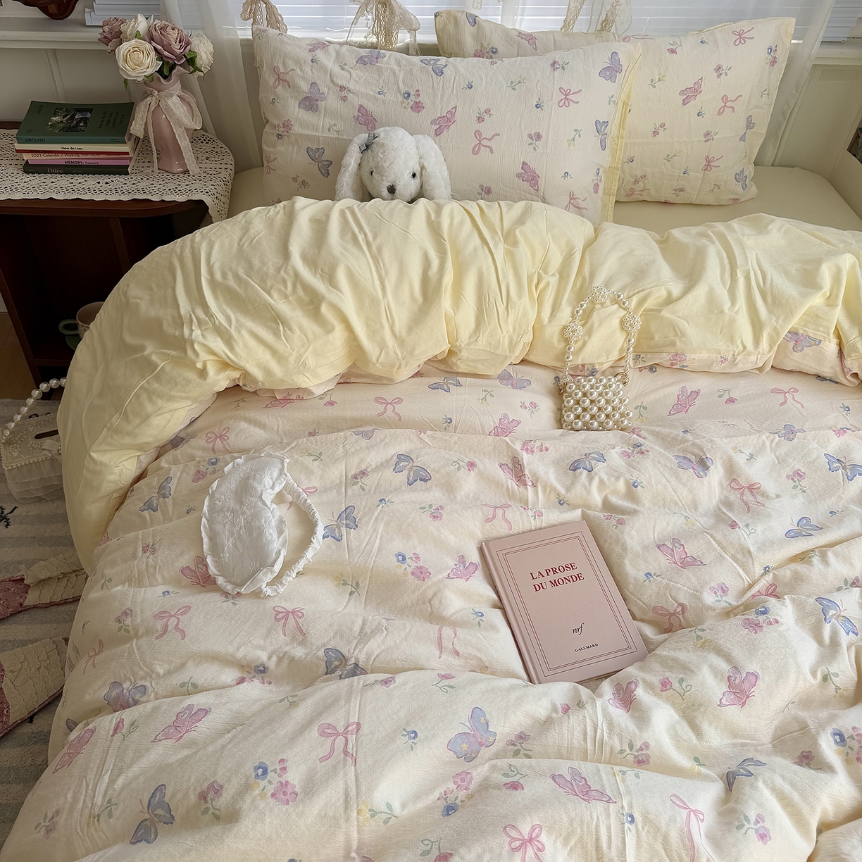 91家纺网 家纺一手货源 找家纺 原素 2026新春ins博主风双拼小碎花花卉水洗棉纱四件套 琉璃蝴蝶