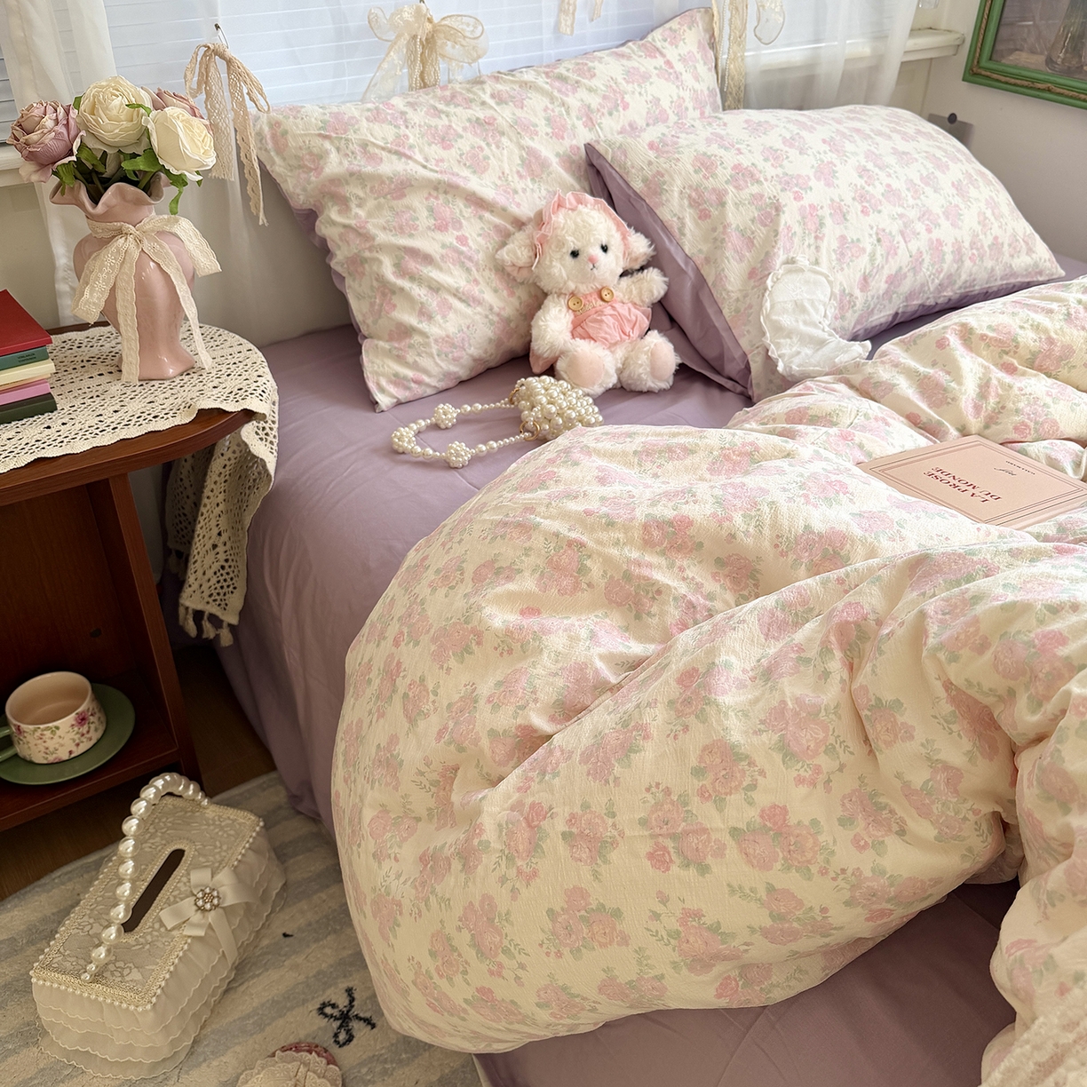 91家纺网 家纺一手货源 找家纺 原素 2026新春ins博主风双拼小碎花花卉水洗棉纱四件套 海芋