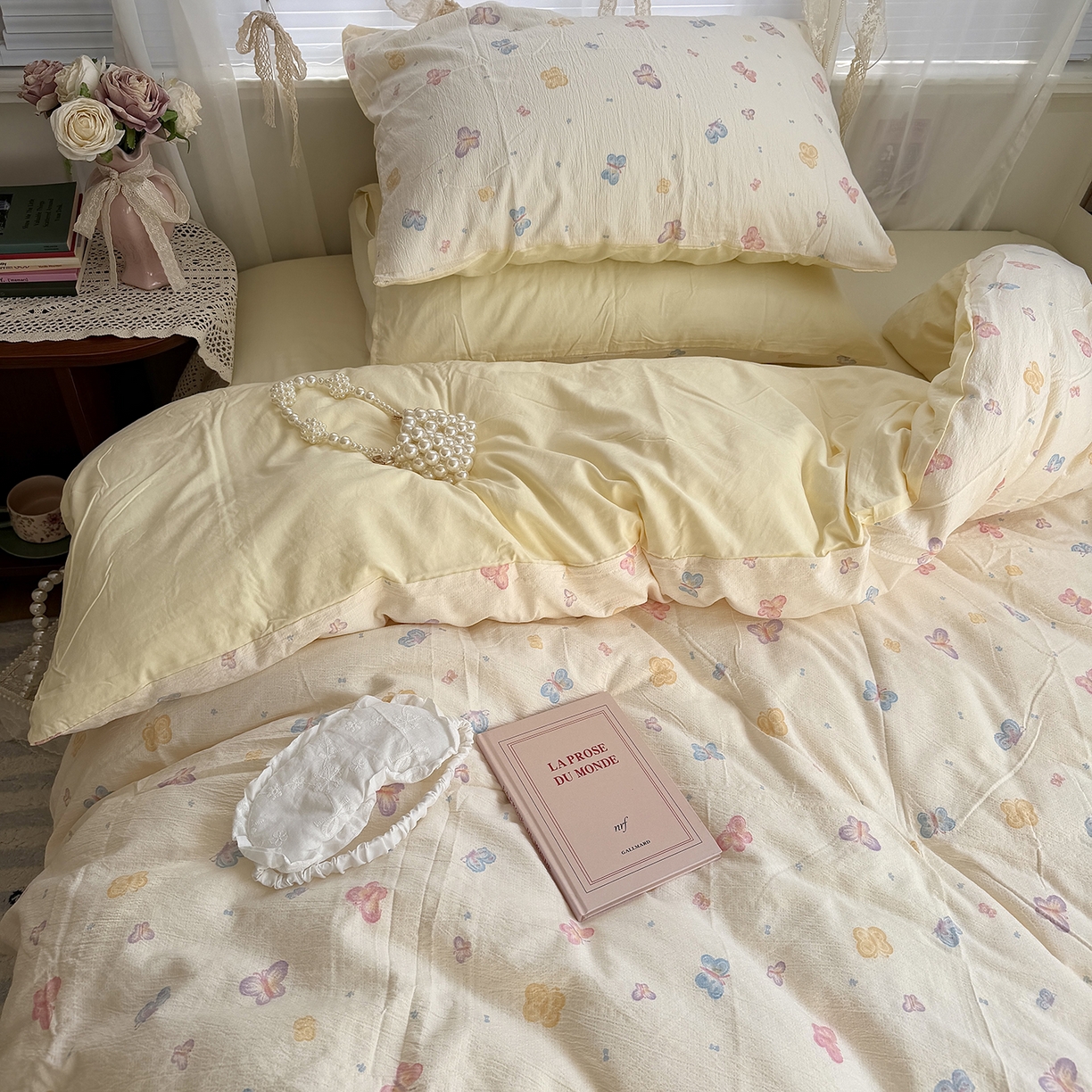 91家纺网 家纺一手货源 找家纺 原素 2026新春ins博主风双拼小碎花花卉水洗棉纱四件套 七彩蝴蝶