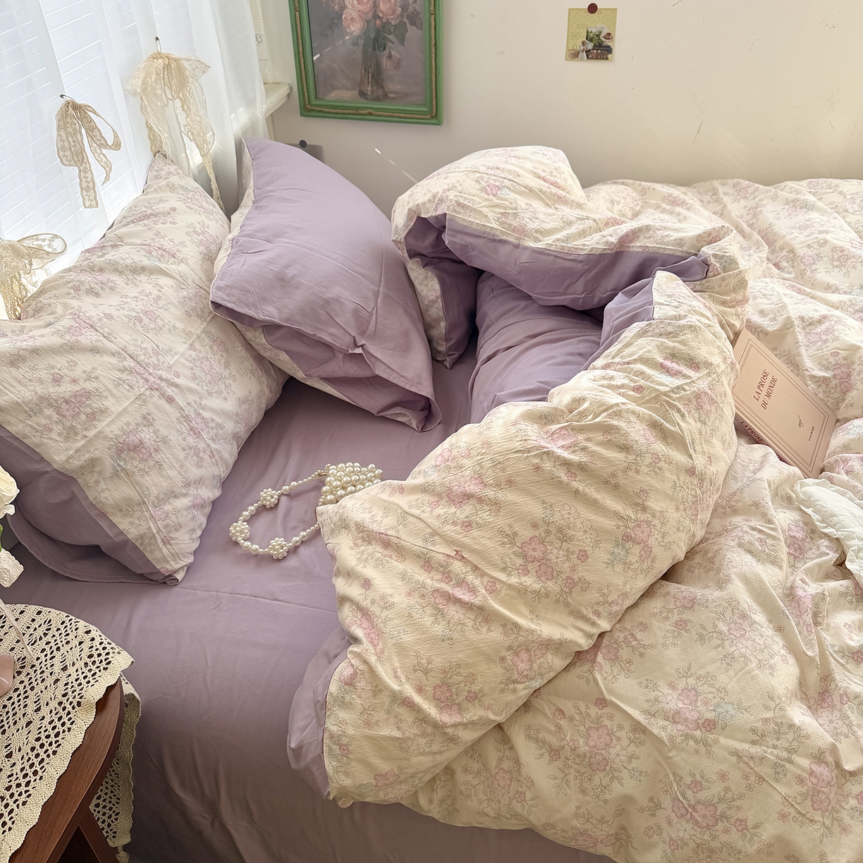 91家纺网 家纺一手货源 找家纺 原素 2026新春ins博主风双拼小碎花花卉水洗棉纱四件套 紫苑