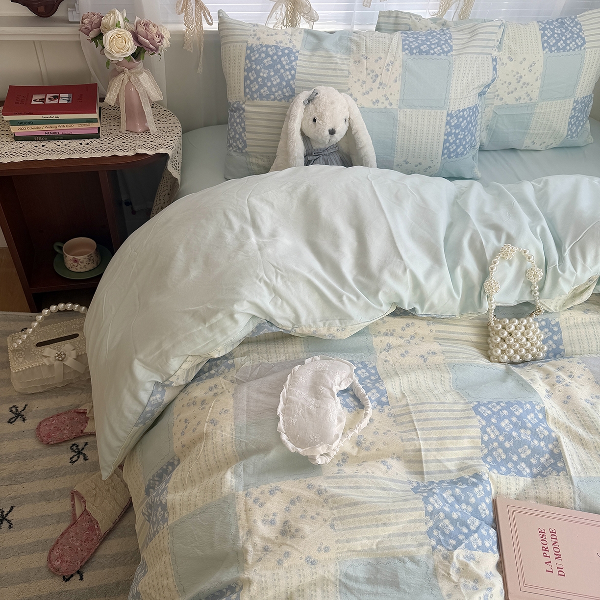 91家纺网 家纺一手货源 找家纺 原素 2026新春ins博主风双拼小碎花花卉水洗棉纱四件套 碎花蓝格