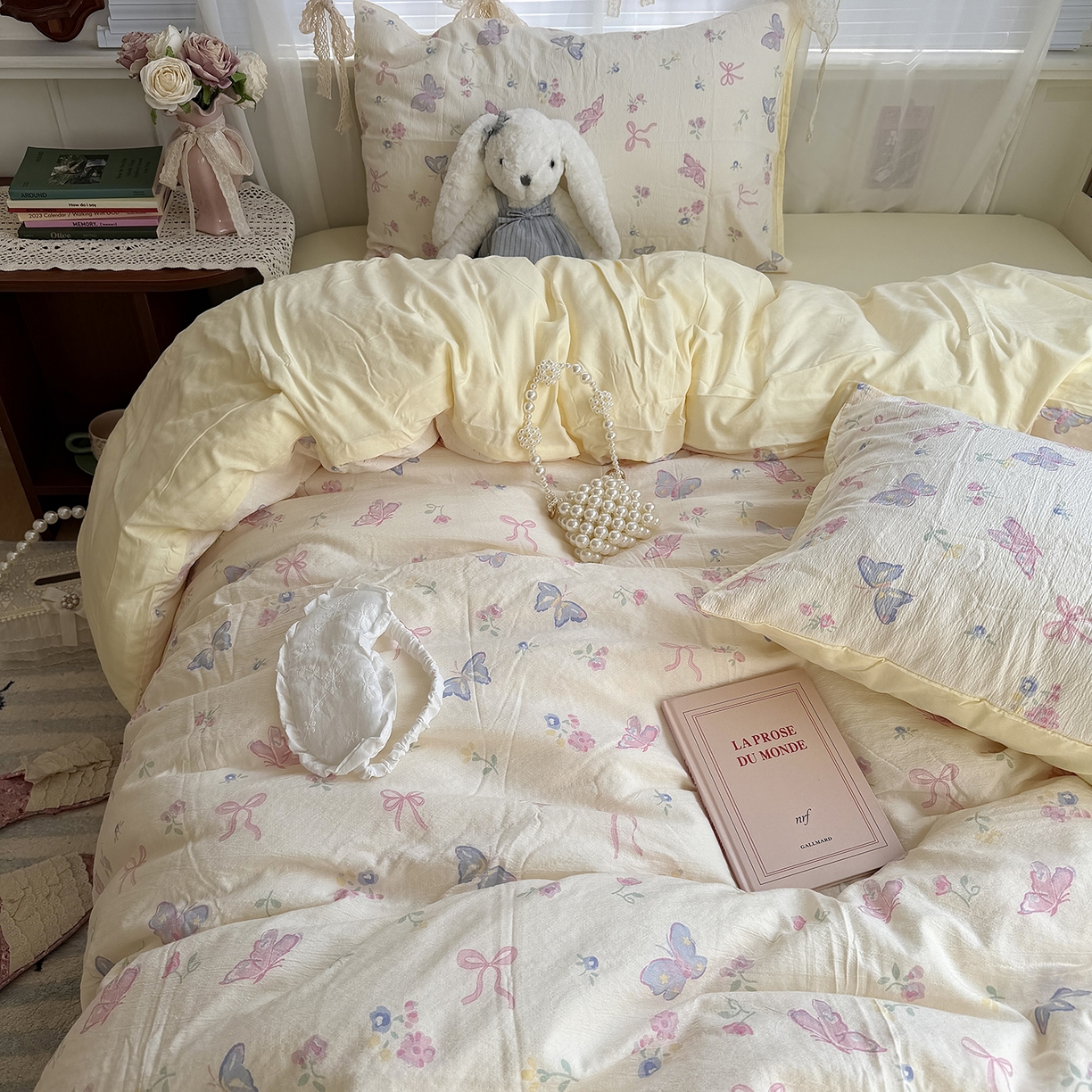 91家纺网 家纺一手货源 找家纺 原素 2026新春ins博主风双拼小碎花花卉水洗棉纱四件套 琉璃蝴蝶